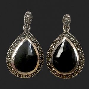 Vintage Onyx Marcasite Sterling Silver Tear Drop Shaped Earrings